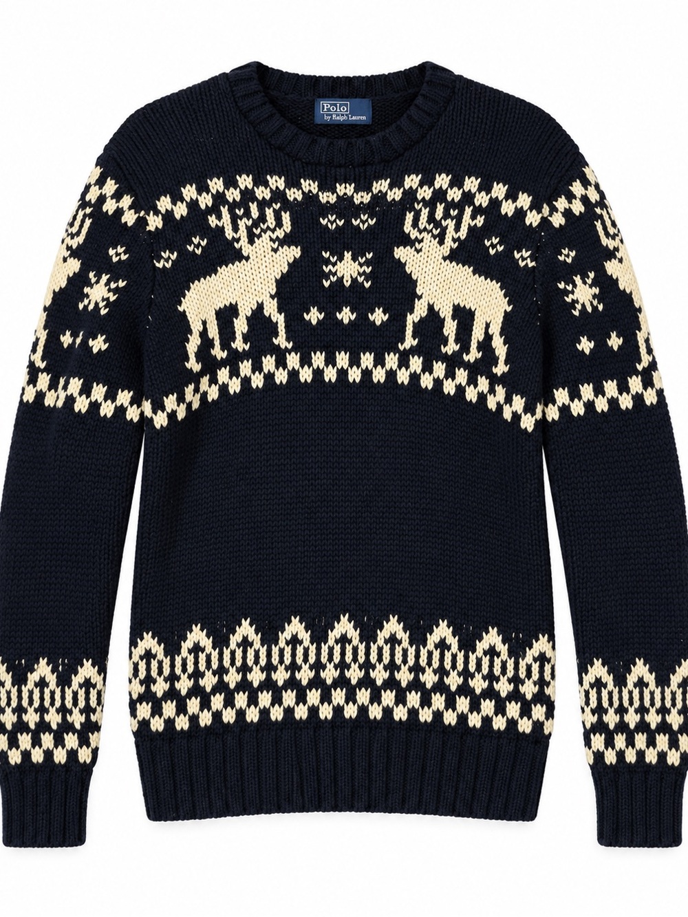 Polo Ralph Lauren Boys Size 7 Reindeer Fair Isle Sweater Navy Wool Cotton Holid